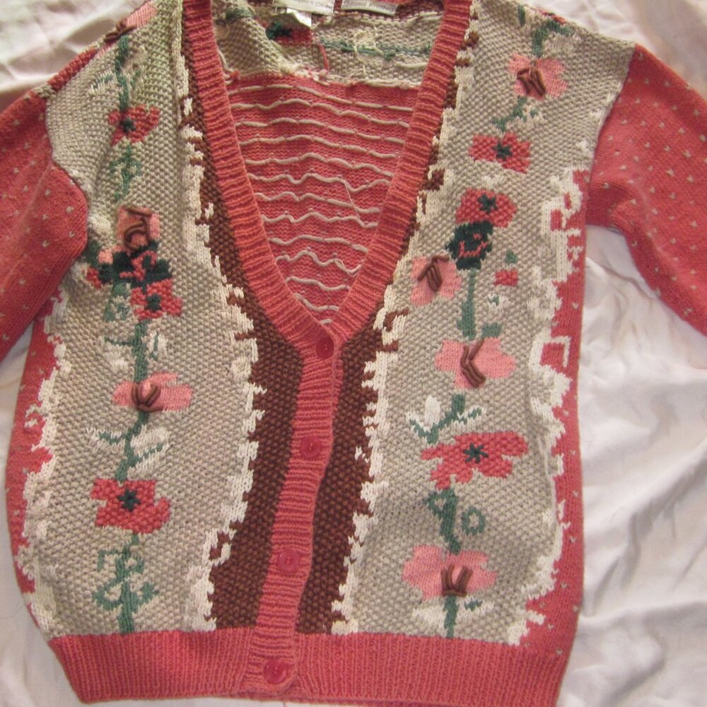 Cottage Core Paris Sport Club handknit vtg cardigan floral button front Med